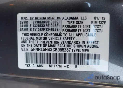 2012 Honda Odyssey Ex from USA, damaged, VIN 5FNRL5H4XCB055287